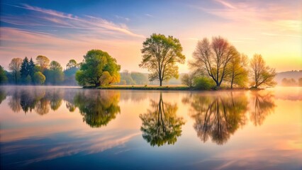 Obraz premium Peaceful lake with trees and reflections in soft liquid hues, lake, trees, reflections, peaceful, nature, serene, calm