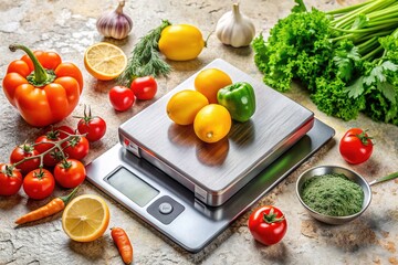 A precise digital kitchen scale displays a single ounce measurement on its bright LCD screen, surrounded by fresh ingredients and cooking utensils on a granite countertop.