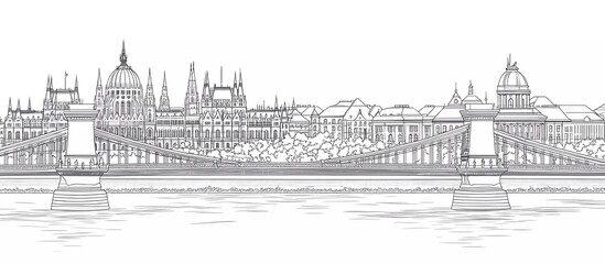 Obraz premium Vector illustration of a line art sketch of Budapest, Hungary, featuring the Parliament building and the river