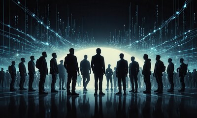 intersection between humanity and technology through a composition featuring indistinct human silhouettes set against a backdrop filled with glowing orbs and crisp lines of coding language