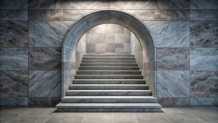 Fototapeta premium Marble stairs under grey marble arch with stone wall background for modern product display , marble stairs