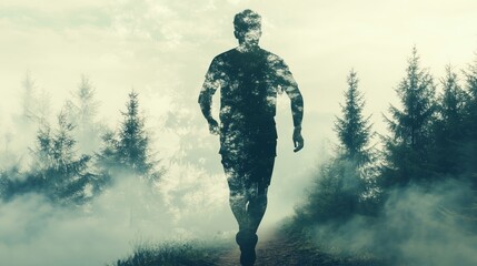 Fototapeta premium A solitary figure walks through a misty forest, evoking themes of solitude and introspection in a dreamlike landscape.