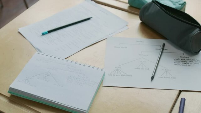 Close-up no people shot of student copybook with English modal verbs table, grammar printout, pens, pencil case, on desk in foreign language school for immigrant children