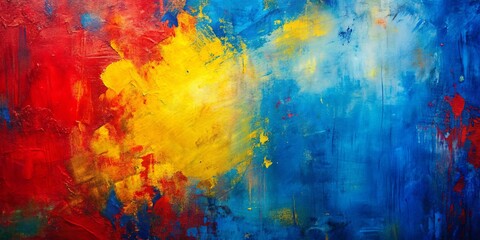 Colorful abstract painting with blue and yellow background and red accents, abstract, painting, colorful, blue