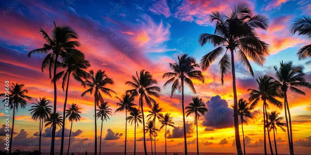 Wall mural Tropical palm trees silhouetted against a colorful dawn sky, dawn, tropical, palm trees, silhouette, colorful, sky, nature