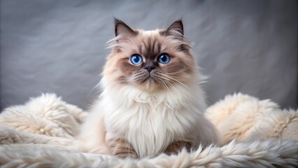 Cute 1 year old seal colourpoint Persian cat sitting on a fluffy blanket , adorable, fluffy, feline, seal point, Persian cat