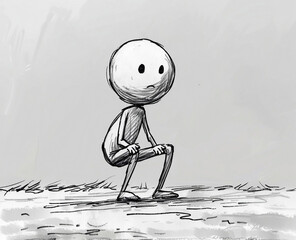 A Drawing of a Cartoon Person Squatting Outdoors