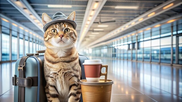 Funny cat traveler with travel bag and coffee cup in airport terminal, travel vacation summer holiday concept , cat