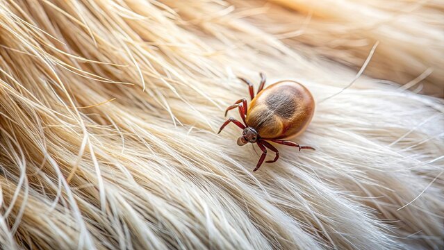 Macro shot of a tick attached to a dog's skin and fur, tick, parasite, dog, pet care, close up, infestation, health, danger