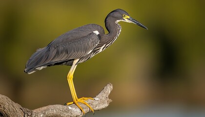 A gray heron with yellow legs stands on a branch with a blurred green and brown background.
