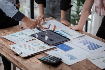 Accounting company provide finance and taxation planning for profitable cash flow, Auditor and accountant team working in office, analyze financial data and accounting record with calculator.Insight
