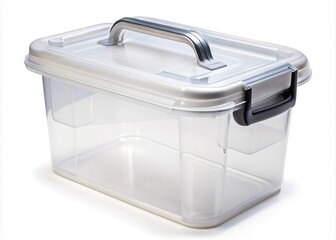 A secure, transparent plastic container with a sturdy lid and handle, isolated on a white background, conveying protection and containment of precious or valuable items.