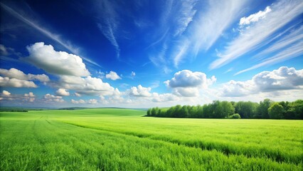 Fototapeta premium Lush green field under a clear blue sky with no visible structures, meadow, countryside, nature, outdoors, landscape