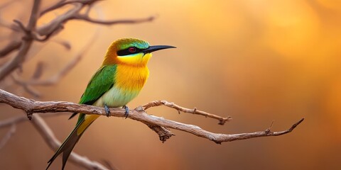 Obraz premium A colorful bird perches on a branch against a golden sunset background.
