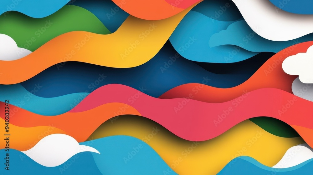 Poster vibrant geometric patterns blend with abstract waves, creating a fun and modern cartoonstyle backdro