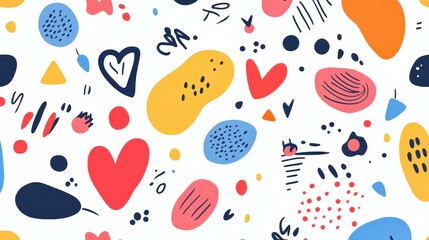 Whimsical doodle pattern with playful shapes, vibrant colors, and textures for a fun, modern touch to any design.