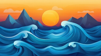 Abstract illustration of dark ocean waves and a glowing island, featuring a modern flat design with textured details.