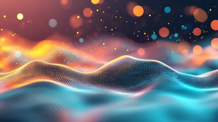 Experience a vibrant digital wave of glowing particles, merging sleek tech with cartoon charm in a modern illustration.