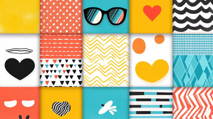Bright and vibrant seamless patterns with geometric shapes, perfect for modern designs and playful illustrations.