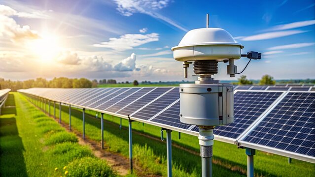 Pyranometer measuring light levels in a solar farm for generating green renewable energy
