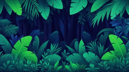 Explore a stunning flat vector illustration of a cyber jungle, blending digital aesthetics with a dark, textured design.