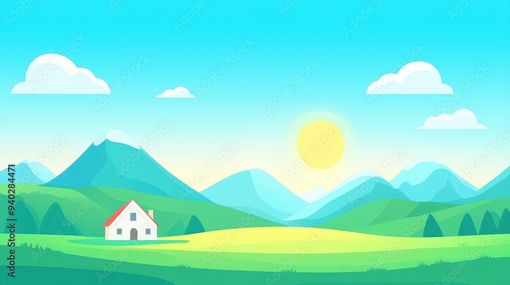 Wall mural Vibrant flat design landscape featuring a house, hills, mountains, and a bright sun, set against a blue sky.