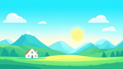 Fototapeta premium Vibrant flat design landscape featuring a house, hills, mountains, and a bright sun, set against a blue sky.