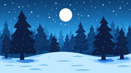 Obraz premium A serene winter forest scene bathed in moonlight, featuring charming trees and a tranquil night sky in a flat cartoon style.