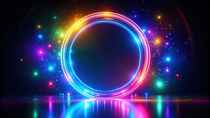 Obraz premium Vibrant glowing neon rings with bokeh lights reflection on dark background, bright, colorful, neon, glowing, reflective