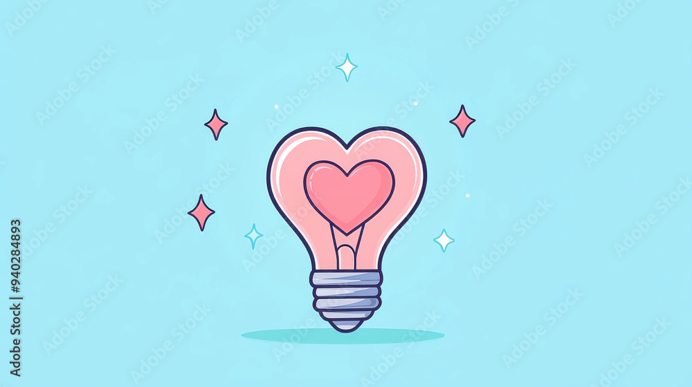 Wall mural A charming vector light bulb featuring a heart inside, perfect for wedding and Valentines Day designs in a cartoon style.