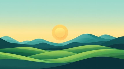 A minimalist vector landscape of hills and sun, featuring clean lines and a modern illustration style.