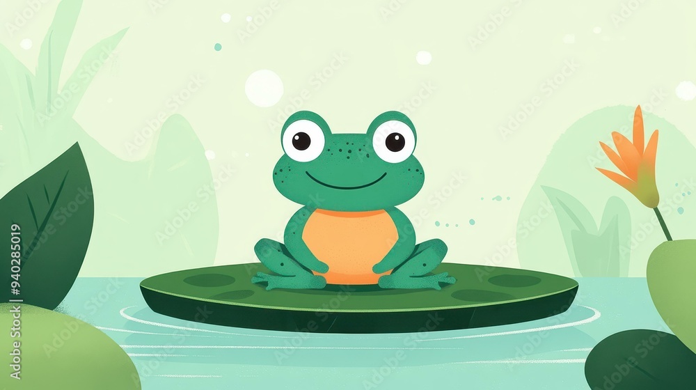 Sticker A sleek frog rests on a lily pad, showcasing a minimalist design with a modern cartoon style. Simple yet charming