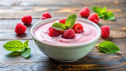 Refreshing raspberry yogurt with mint leaves, yogurt, raspberry, mint, fresh, healthy, creamy, dairy, fruit, pink, spoon
