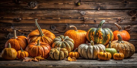 Background with various pumpkins in a rustic setting , Autumn, harvest, seasonal, orange, fall, agriculture