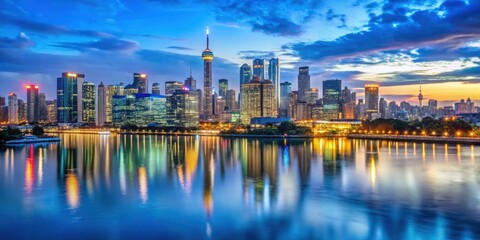 Fototapeta premium Beautiful cityscape during blue hour, blue hour, cityscape, buildings, architecture, night, evening, peaceful, urban, sky