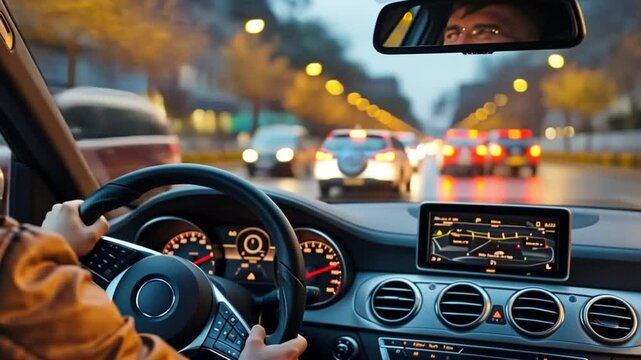 A man operates the car's steering wheel at night.