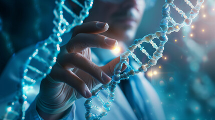 A doctor is pointing at a DNA strand. Concept of scientific discovery and the importance of understanding the building blocks of life. The scene is serious and focused