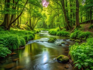 Obraz premium A serene forest creek flows gently past lush green foliage, with a delicate crest of water ripple on the surface, amidst a carpet of weeds.