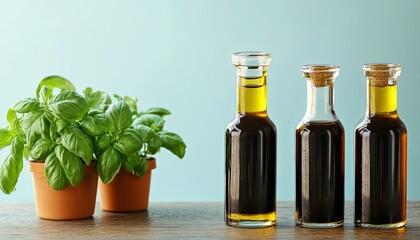 Fresh basil plant in terracotta pots next to bottles of olive oil and balsamic vinegar on a wooden table.