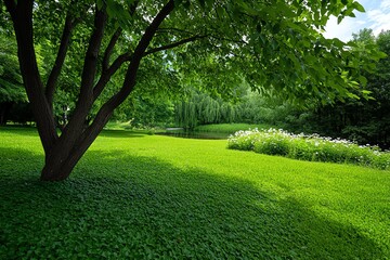 A sad willow tree in a forgotten garden, surrounded by overgrown grass and wildflowers, with a sense of peaceful solitude