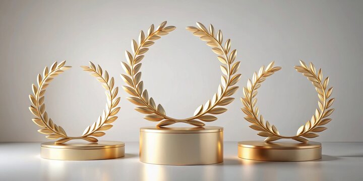 Elegant golden laurel wreaths displayed on minimalist pedestals, elegant, golden, laurel wreaths, minimalist