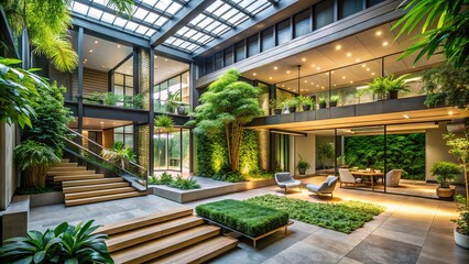 Obraz premium A serene landscape integrates seamlessly with a modern interior, blurring boundaries as lush greenery spills indoors and sleek architecture merges with the natural world.