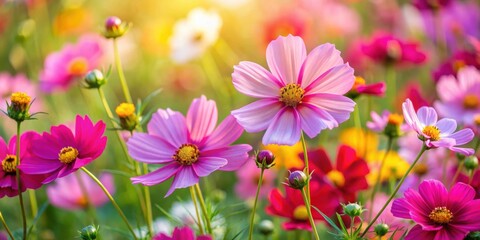 Vibrant cosmos flowers blooming in a colorful garden , cosmos, flowers, blooming, garden, nature, vibrant, colorful, petals