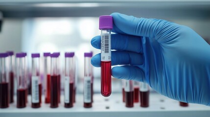 Close-Up of Blood Sample Vial in Laboratory. Gloved hand holding a blood sample vial in a medical laboratory, with other vials in the background, highlighting medical testing.