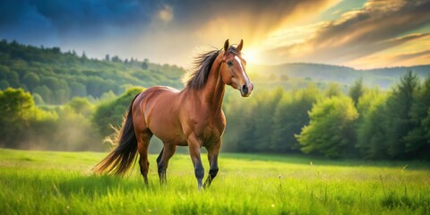 Majestic horse in a lush green field with eco-friendly practices, majestic, steed, green, eco-friendly, sustainable