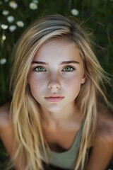 Fototapeta premium Young Woman with Freckles and Green Eyes.
