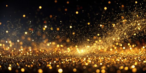 Obraz premium Glittering mist of metallic shimmering dust particles on abstract black background, glitter, mist, ink water