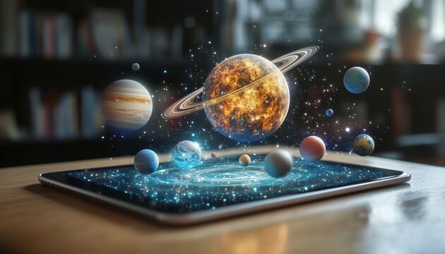 A tablet on a classroom desk displays an augmented reality solar system, showcasing planets in vivid detail, enhancing interactive digital learning.