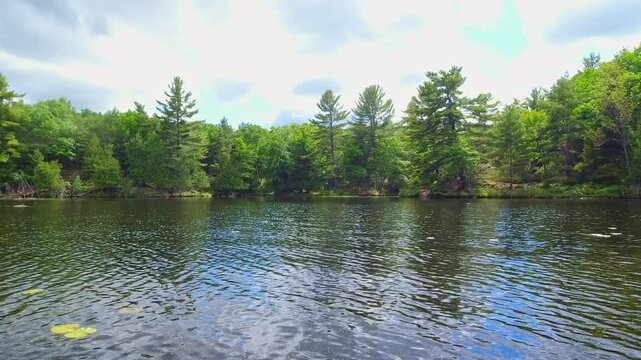 Beautiful evergreen fir trees and rocky coastline view in the lake during trolling fishing in the boat. Hobbies lifestyle fishing. Recreation fishing game sport. Amazing North American nature.