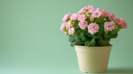 Fototapeta premium Pink flowers in a pot against a green background.